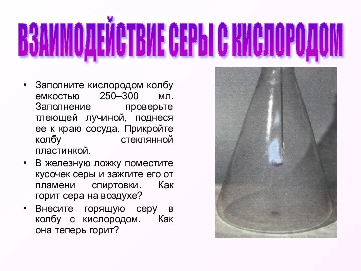 Заполните кислородом колбу емкостью 250–300 мл. Заполнение проверьте тлеющей лучиной, поднеся