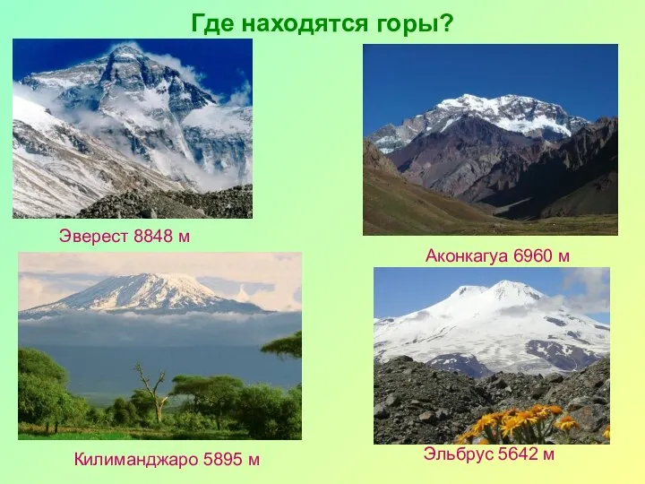 Где находятся горы? Эверест 8848 м Аконкагуа 6960 м Килиманджаро 5895 м Эльбрус 5642 м