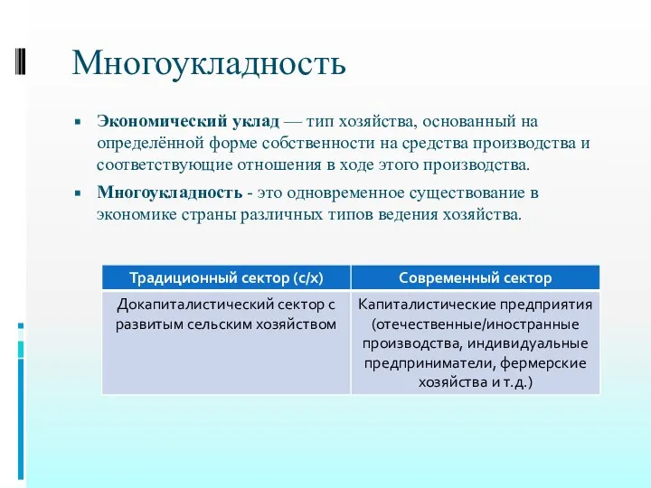 Многоукладность Экономический уклад — тип хозяйства, основанный на определённой форме собственности