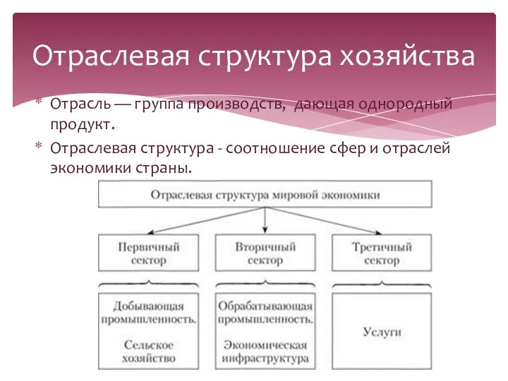 Отрасль — группа производств, дающая однородный продукт. Отраслевая структура - соотношение