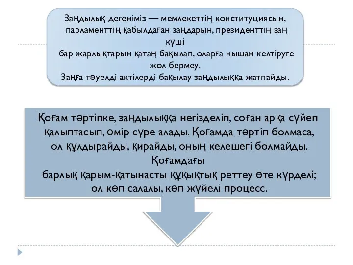 Заңдылық дегеніміз — мемлекеттің конституциясын, парламенттің қабылдаған заңдарын, президенттің заң күші