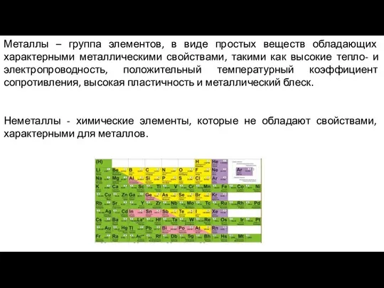 Металлы – группа элементов, в виде простых веществ обладающих характерными металлическими