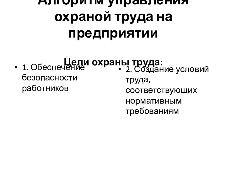 Алгоритм управления охраной труда на предприятии Цели охраны труда: 1. Обеспечение