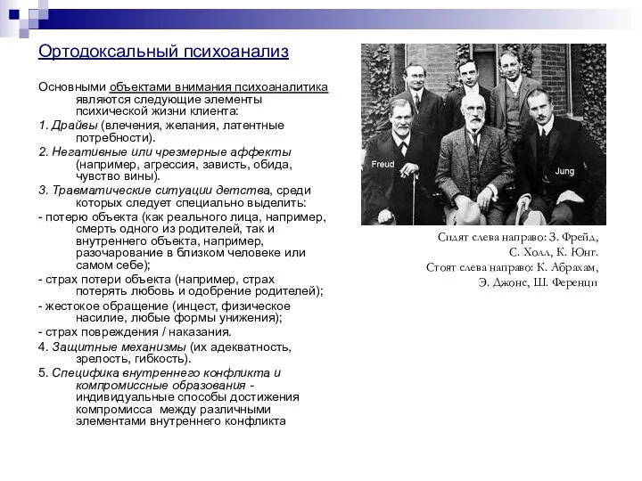 Ортодоксальный психоанализ Основными объектами внимания психоаналитика являются следующие элементы психической жизни