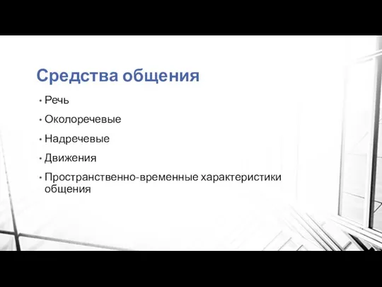 Средства общения Речь Околоречевые Надречевые Движения Пространственно-временные характеристики общения