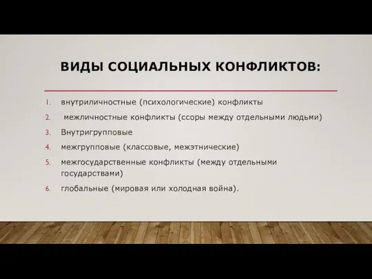 ВИДЫ СОЦИАЛЬНЫХ КОНФЛИКТОВ: внутриличностные (психологические) конфликты межличностные конфликты (ссоры между отдельными