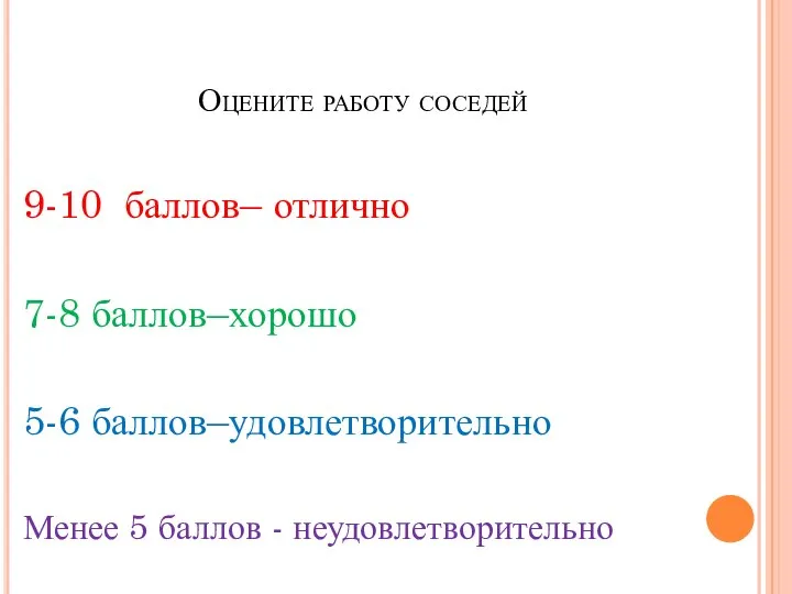 Оцените работу соседей 9-10 баллов– отлично 7-8 баллов–хорошо 5-6 баллов–удовлетворительно Менее 5 баллов - неудовлетворительно