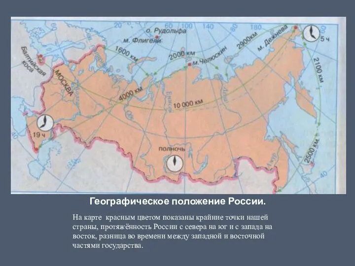 Географическое положение России. На карте красным цветом показаны крайние точки нашей