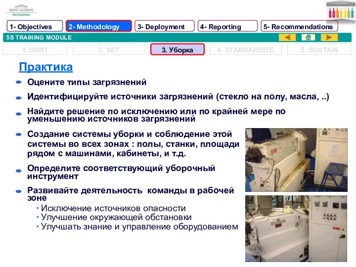 5S TRAINING MODULE Оцените типы загрязнений Идентифицируйте источники загрязнений (стекло на