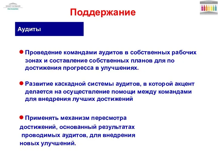 Аудиты Поддержание Проведение командами аудитов в собственных рабочих зонах и составление