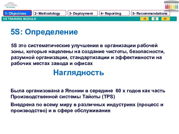 5S TRAINING MODULE 5S: Определение 5S это систематические улучшения в организации