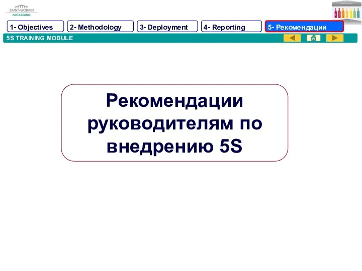 5S TRAINING MODULE Рекомендации руководителям по внедрению 5S 1- Objectives 2-