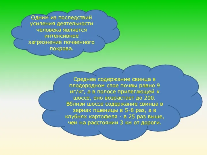 Одним из последствий усиления деятельности человека является интенсивное загрязнение почвенного покрова.