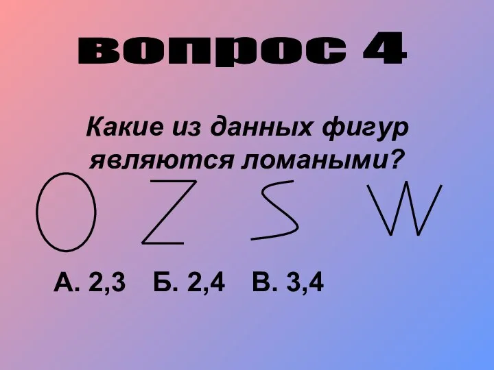 вопрос 4 Какие из данных фигур являются ломаными? А. 2,3 Б. 2,4 В. 3,4