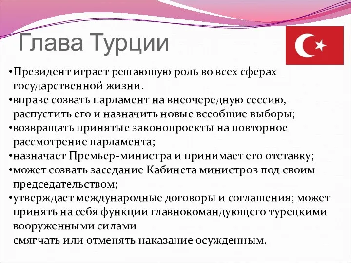 Глава Турции Президент играет решающую роль во всех сферах государственной жизни.