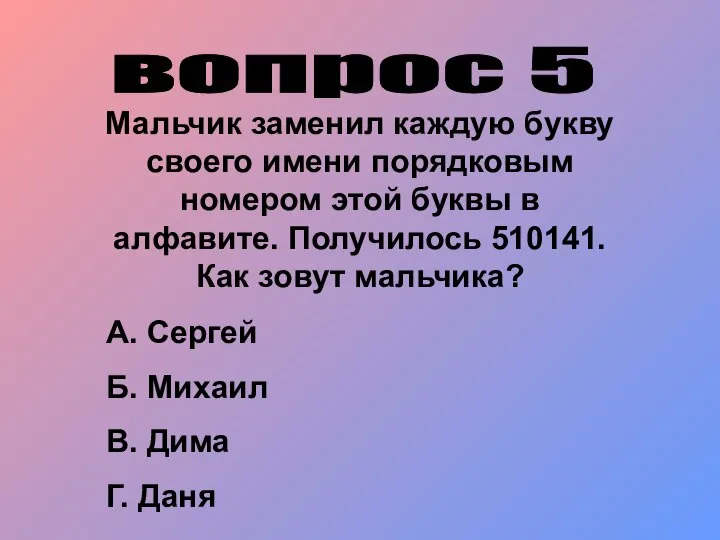 вопрос 5 Мальчик заменил каждую букву своего имени порядковым номером этой