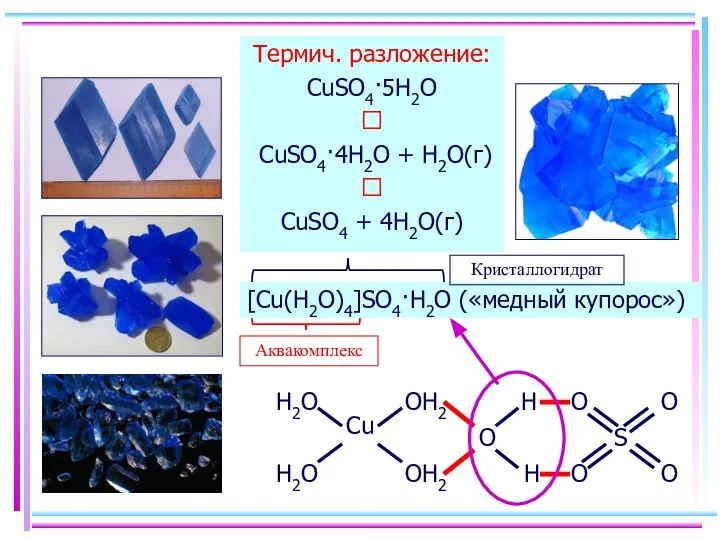 Аквакомплексы Термич. разложение: CuSO4·5H2O ⭣ CuSO4·4H2O + H2O(г) ⭣ CuSO4 + 4H2O(г) [Cu(H2O)4]SO4·H2O («медный купорос»)