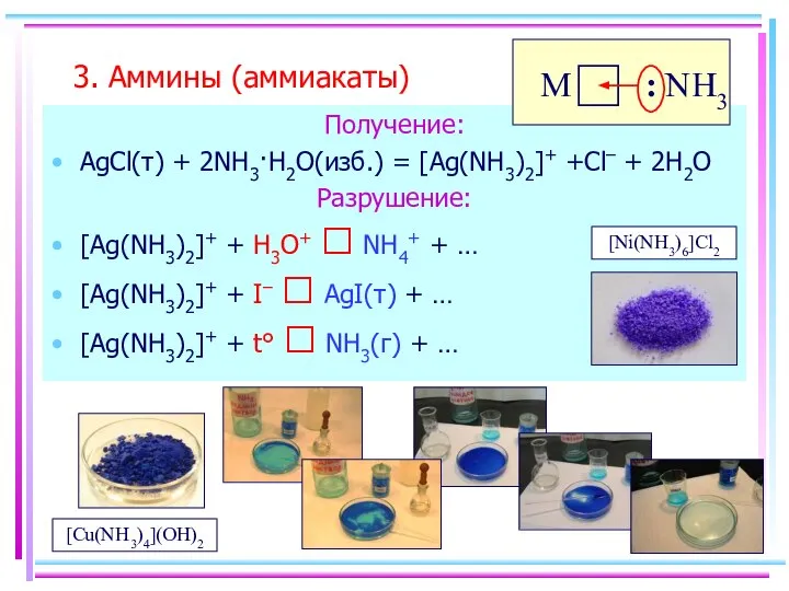 3. Аммины (аммиакаты) Получение: AgCl(т) + 2NH3·H2O(изб.) = [Ag(NH3)2]+ +Cl– +