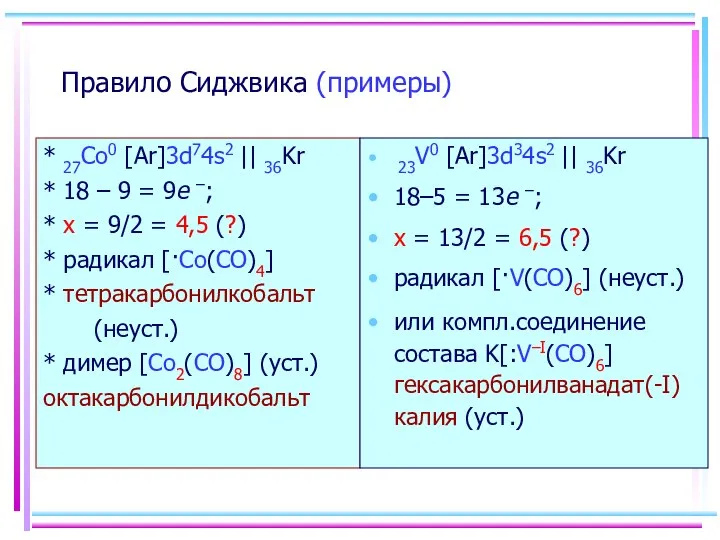 Правило Сиджвика (примеры) * 27Co0 [Ar]3d74s2 || 36Kr * 18 –