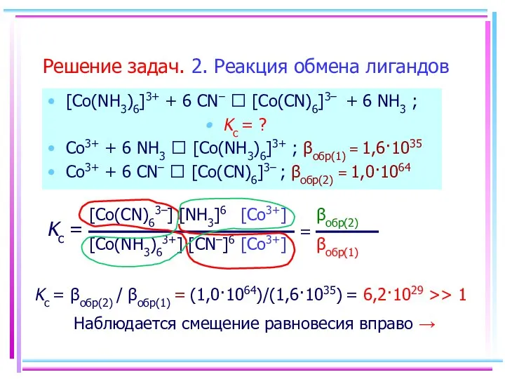 Решение задач. 2. Реакция обмена лигандов [Co(NH3)6]3+ + 6 CN– ⮀