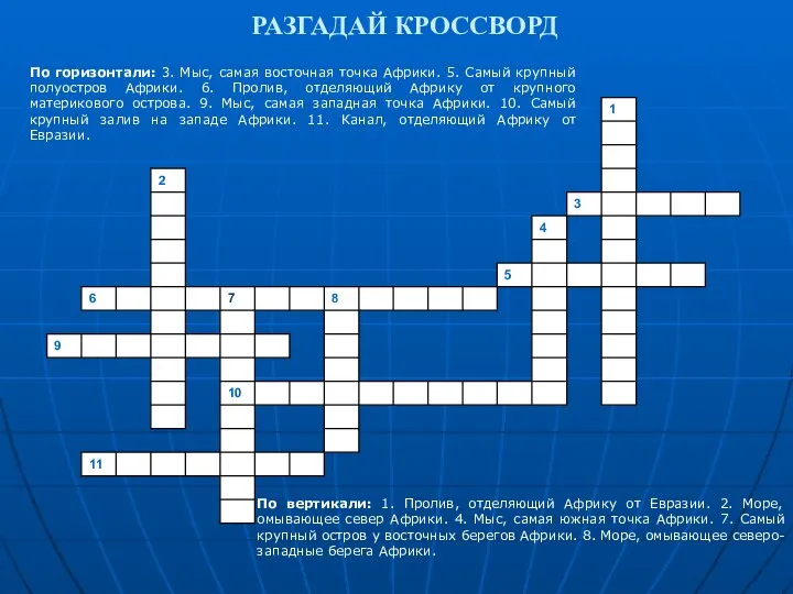 РАЗГАДАЙ КРОССВОРД По вертикали: 1. Пролив, отделяющий Африку от Евразии. 2.