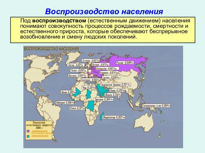 Воспроизводство населения Под воспроизводством (естественным движением) населения понимают совокупность процессов рождаемости,