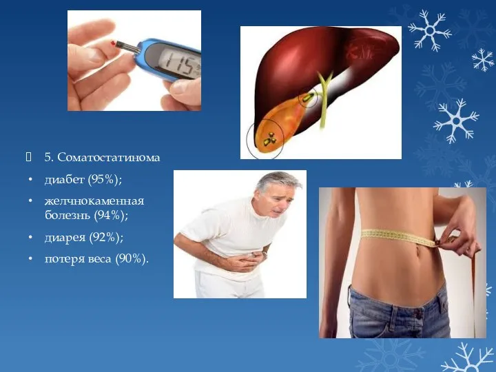5. Соматостатинома диабет (95%); желчнокаменная болезнь (94%); диарея (92%); потеря веса (90%).