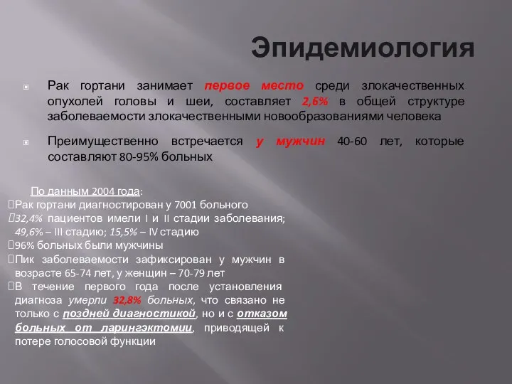 Эпидемиология Рак гортани занимает первое место среди злокачественных опухолей головы и