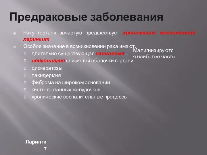 Предраковые заболевания Раку гортани зачастую предшествует хронический многолетний ларингит Особое значение