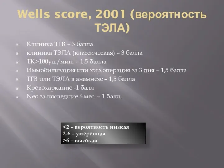 Wells score, 2001 (вероятность ТЭЛА) Клиника ТГВ – 3 балла клиника