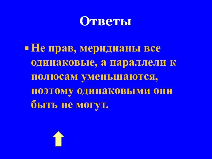 Ответы Не прав, меридианы все одинаковые, а параллели к полюсам уменьшаются,