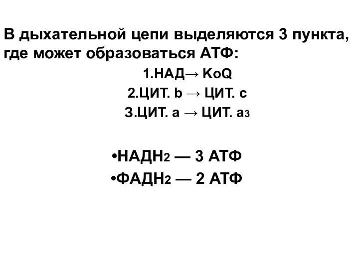 В дыхательной цепи выделяются 3 пункта, где может образоваться АТФ: 1.НАД→