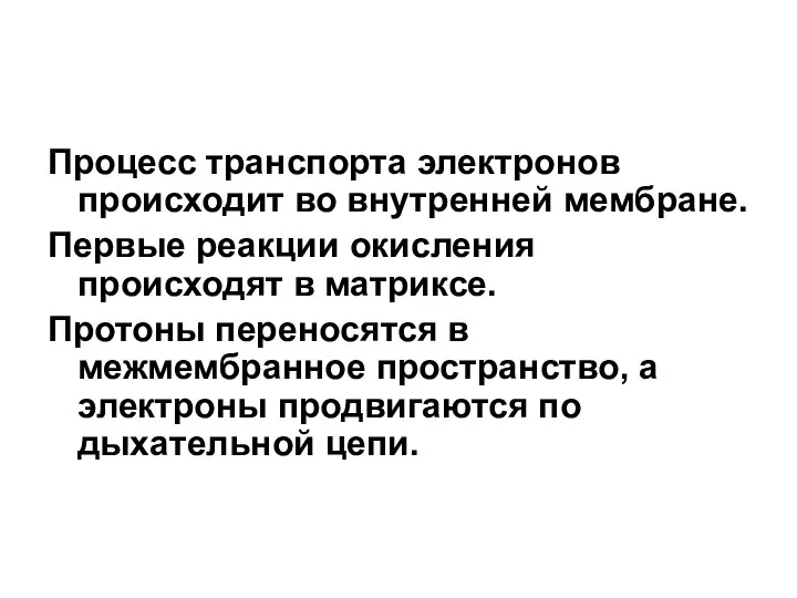 Процесс транспорта электронов происходит во внутренней мембране. Первые реакции окисления происходят