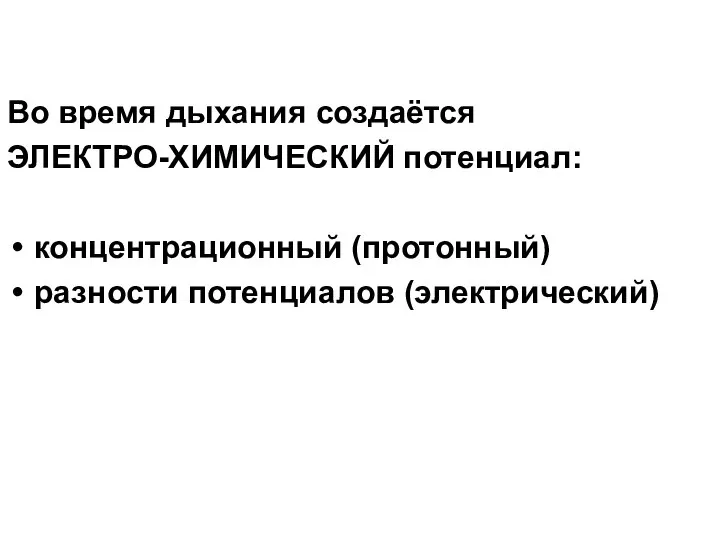 Во время дыхания создаётся ЭЛЕКТРО-ХИМИЧЕСКИЙ потенциал: концентрационный (протонный) разности потенциалов (электрический)