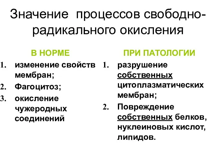 Значение процессов свободно-радикального окисления В НОРМЕ изменение свойств мембран; Фагоцитоз; окисление