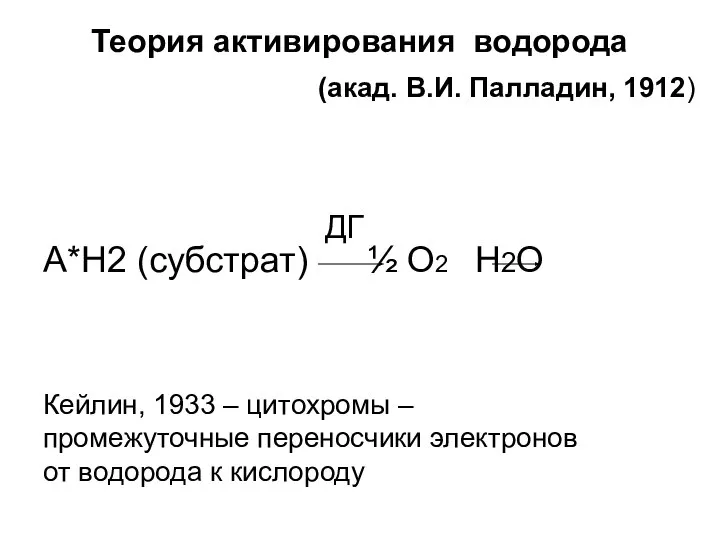 Теория активирования водорода (акад. В.И. Палладин, 1912) А*Н2 (субстрат) ½ О2