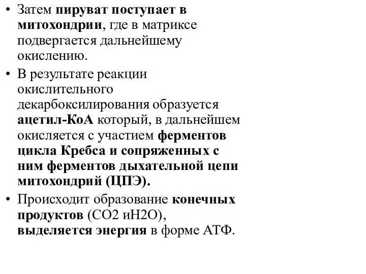 Затем пируват поступает в митохондрии, где в матриксе подвергается дальнейшему окислению.