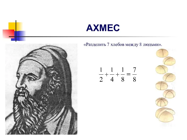 АХМЕС «Разделить 7 хлебов между 8 людьми».