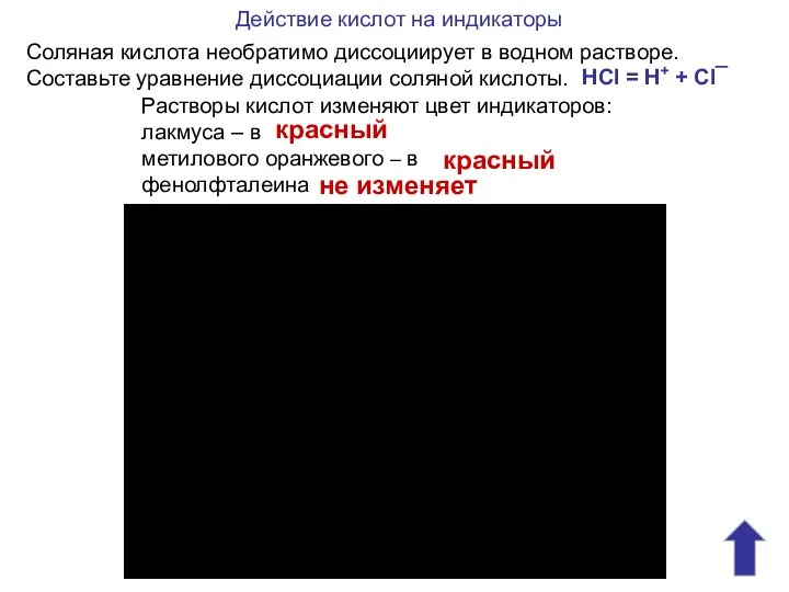 Соляная кислота необратимо диссоциирует в водном растворе. Составьте уравнение диссоциации соляной