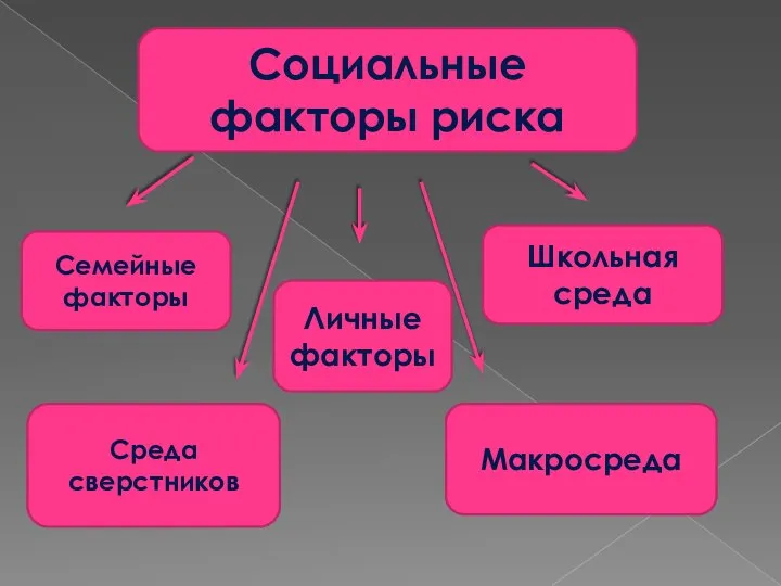 Социальные факторы риска Семейные факторы Среда сверстников Макросреда Школьная среда Личные факторы