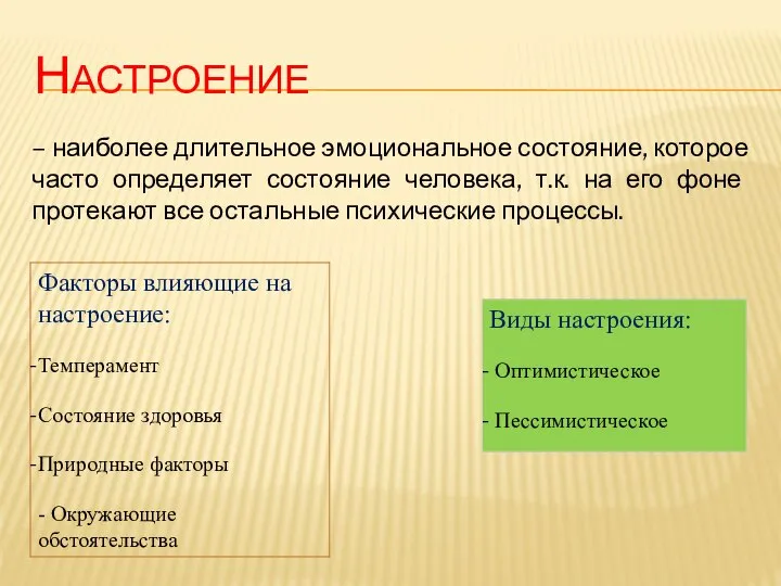 НАСТРОЕНИЕ – наиболее длительное эмоциональное состояние, которое часто определяет состояние человека,