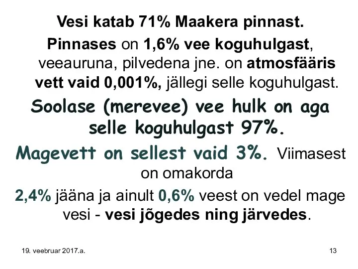 Vesi katab 71% Maakera pinnast. Pinnases on 1,6% vee koguhulgast, veeauruna,