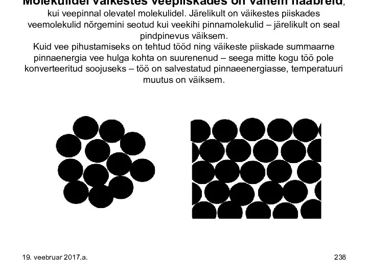 Molekulidel väikestes veepiiskades on vähem naabreid, kui veepinnal olevatel molekulidel. Järelikult