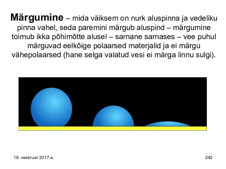 Märgumine – mida väiksem on nurk aluspinna ja vedeliku pinna vahel,