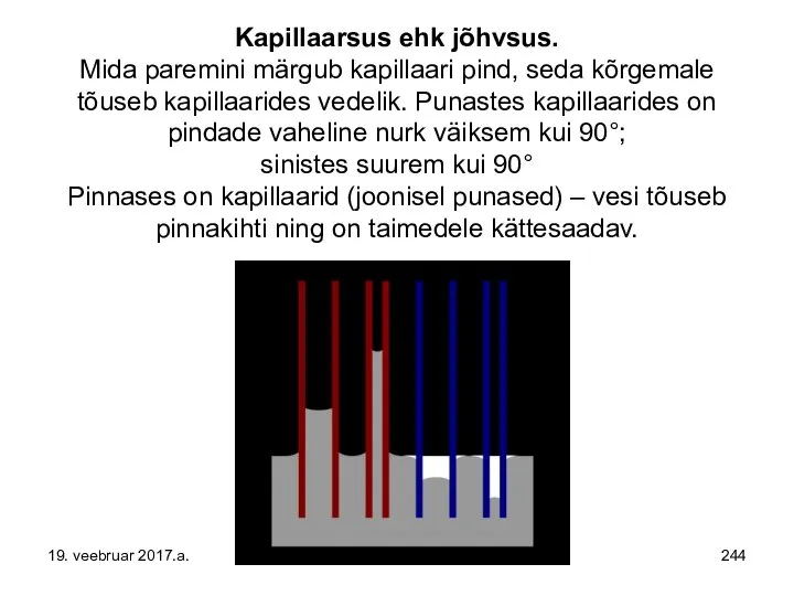 Kapillaarsus ehk jõhvsus. Mida paremini märgub kapillaari pind, seda kõrgemale tõuseb