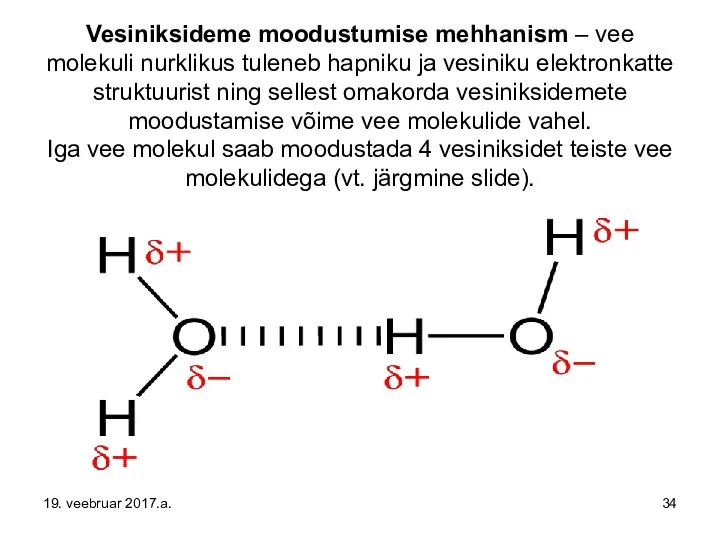 Vesiniksideme moodustumise mehhanism – vee molekuli nurklikus tuleneb hapniku ja vesiniku