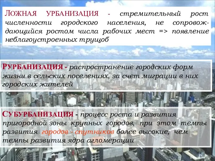 ЛОЖНАЯ УРБАНИЗАЦИЯ - стремительный рост численности городского населения, не сопровож-дающийся ростом