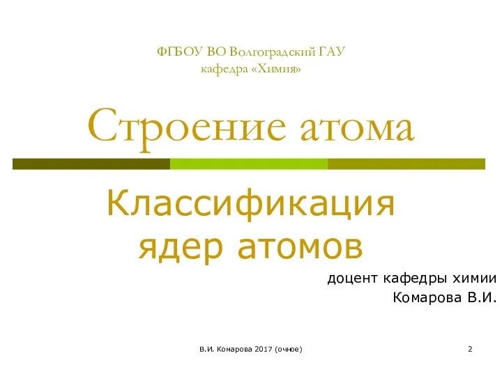 В.И. Комарова 2017 (очное) Строение атома Классификация ядер атомов доцент кафедры