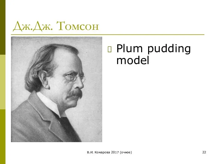 В.И. Комарова 2017 (очное) Дж.Дж. Томсон Plum pudding model