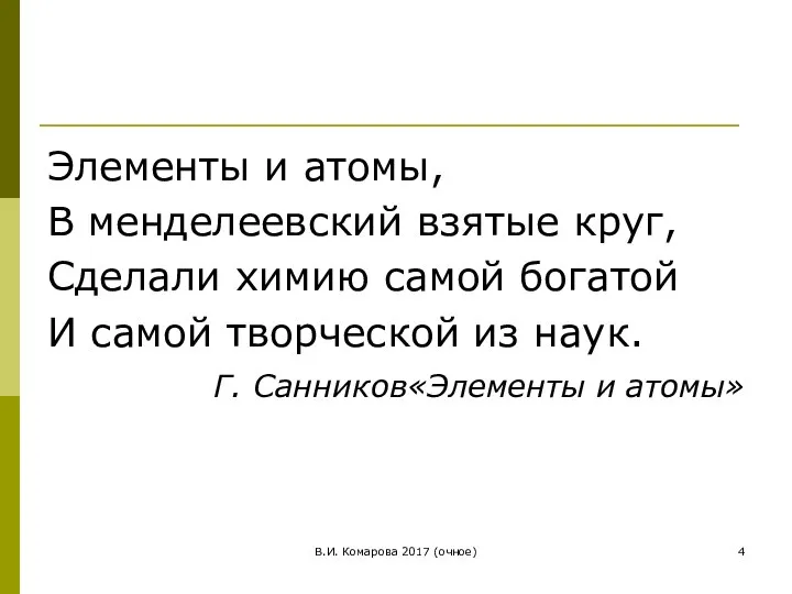 В.И. Комарова 2017 (очное) Элементы и атомы, В менделеевский взятые круг,